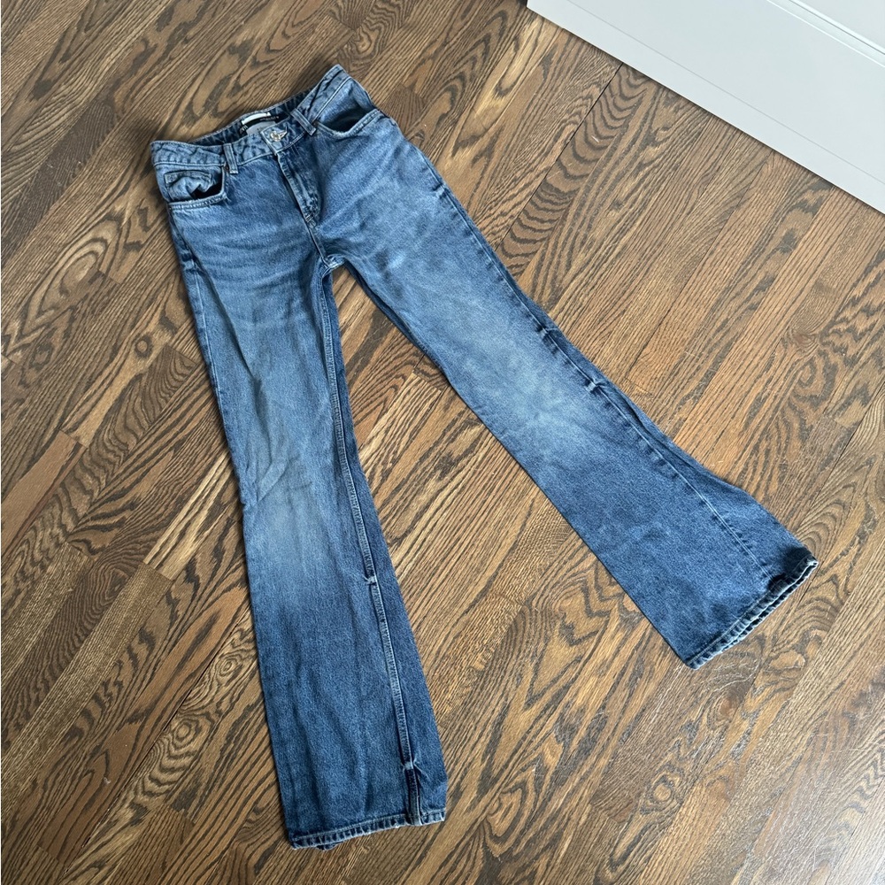 Zara high waisted mini flare rigid denim jean pants size 4, 25” Jean